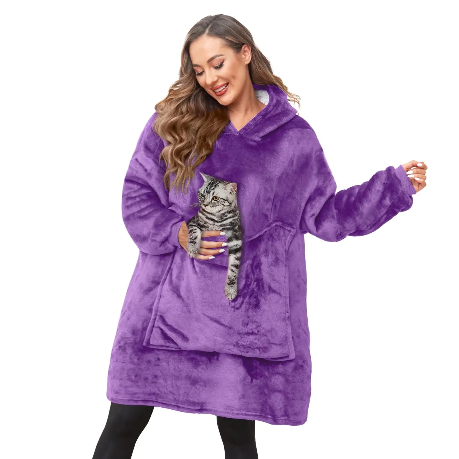 Wearable Blanket Hoodie Warm Cozy Blanket Sweatshirt for Adult Women Men Flannel Sherpa Hooded Blanket with Large Pocket One Size Fits All(Purple)